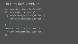 이렇게 하지 않도록 주의하라. (X)
var promise = somethingAsync();
if (is_another_necessary) {
promise.then(function(result) {
return anotherAsync(result);
});
}
promise.then(function(result) {
doSomethingWithResult(result);
});
 