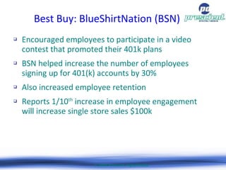 Best Buy: BlueShirtNation (BSN)‏ <ul><li>Encouraged employees to participate in a video contest that promoted their 401k p...