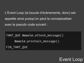 Event Loop
L’Event Loop (la boucle d’évènements, donc) est
appelée ainsi puisqu’on peut la conceptualiser
avec le pseudo code suivant :
TANT_QUE boucle.attend_message()
boucle.prochain_message()
FIN_TANT_QUE
 