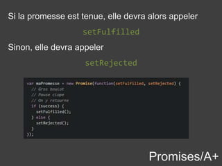 Promises/A+
Si la promesse est tenue, elle devra alors appeler
setFulfilled
Sinon, elle devra appeler
setRejected
 