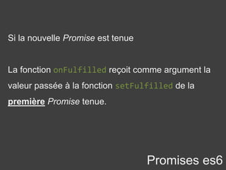 Si la nouvelle Promise est tenue
La fonction onFulfilled reçoit comme argument la
valeur passée à la fonction setFulfilled de la
première Promise tenue.
Promises es6
 