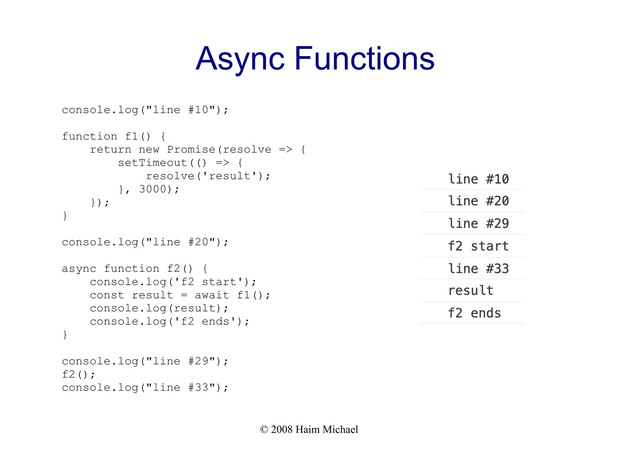 © 2008 Haim Michael
Async Functions
console.log("line #10");
function f1() {
return new Promise(resolve => {
setTimeout(() => {
resolve('result');
}, 3000);
});
}
console.log("line #20");
async function f2() {
console.log('f2 start');
const result = await f1();
console.log(result);
console.log('f2 ends');
}
console.log("line #29");
f2();
console.log("line #33");
 