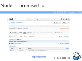 Node.js promised-io
                                    HTML5 Nado Be




             http://bit.ly/rsbi0o
                                    HTML5-WEST.jp
 