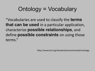 Ontology = Vocabulary
“Vocabularies are used to classify the terms
that can be used in a particular application,
characterize possible relationships, and
define possible constraints on using those
terms.”
http://www.w3.org/standards/semanticweb/ontology
 