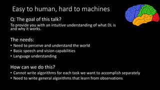 Easy to human, hard to machines
Q: The goal of this talk?
To provide you with an intuitive understanding of what DL is
and why it works.
The needs:
• Need to perceive and understand the world
• Basic speech and vision capabilities
• Language understanding
How can we do this?
• Cannot write algorithms for each task we want to accomplish separately
• Need to write general algorithms that learn from observations
 