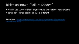 Risks: unknown “Failure Modes”
• We will use DL/AI, without anybody fully understands how it works
• Reminder: Human brain and DL are different
Reference: Deep Neural Networks are Easily Fooled: High Confidence Predictions for
Unrecognizable Images
 