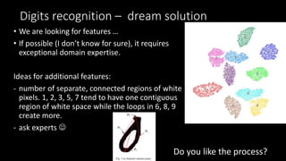 Digits recognition – dream solution
• We are looking for features …
• If possible (I don’t know for sure), it requires
exceptional domain expertise.
Ideas for additional features:
- number of separate, connected regions of white
pixels. 1, 2, 3, 5, 7 tend to have one contiguous
region of white space while the loops in 6, 8, 9
create more.
- ask experts 
Do you like the process?
 