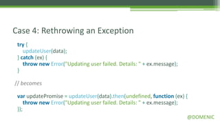 Case 4: Rethrowing an Exception
 try {
    updateUser(data);
 } catch (ex) {
    throw new Error("Updating user failed. Details: " + ex.message);
 }

// becomes

 var updatePromise = updateUser(data).then(undefined, function (ex) {
     throw new Error("Updating user failed. Details: " + ex.message);
 });
                                                                       @DOMENIC
 