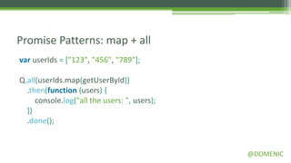 Promise Patterns: map + all
var userIds = ["123", "456", "789"];

Q.all(userIds.map(getUserById))
  .then(function (users) {
     console.log("all the users: ", users);
  })
  .done();


                                              @DOMENIC
 