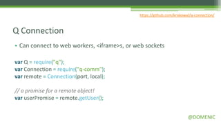 https://github.com/kriskowal/q-connection/



Q Connection
• Can connect to web workers, <iframe>s, or web sockets

var Q = require("q");
var Connection = require("q-comm");
var remote = Connection(port, local);

// a promise for a remote object!
var userPromise = remote.getUser();


                                                                        @DOMENIC
 