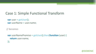 Case 1: Simple Functional Transform
 var user = getUser();
 var userName = user.name;

// becomes

 var userNamePromise = getUser().then(function (user) {
     return user.name;
 });


                                                          @DOMENIC
 