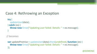 Case 4: Rethrowing an Exception
 try {
    updateUser(data);
 } catch (ex) {
    throw new Error("Updating user failed. De...