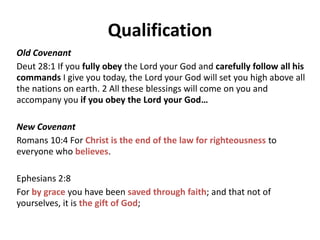 Still in Effect
Old Covenant
Hebrews 8: 13 When He said, “A new covenant,” He has
made the first obsolete.
New Covenant
Hebrews 7:18 For, on the one hand, there is a setting aside
of a former commandment because of its weakness and
uselessness 19 (for the Law made nothing perfect), and on
the other hand there is a BRINGING IN of a better hope,
through which we draw near to God.
 