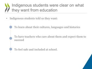 Indigenous students were clear on what
they want from education
• Indigenous students told us they want:
To learn about th...