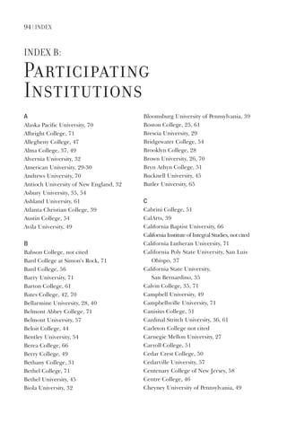 94 | index
index B:
Participating
institutions
A
Alaska	Pacific	University,	70
Albright	College,	71
Allegheny	College,	47
Alma	College,	37,	49
Alvernia	University,	32
American	University,	29-30
Andrews	University,	70
Antioch	University	of	New	England,	32
Asbury	University,	35,	54
Ashland	University,	61
Atlanta	Christian	College,	39
Austin	College,	54
Avila	University,	49
B
Babson	College,	not	cited
Bard	College	at	Simon’s	Rock,	71
Bard	College,	56
Barry	University,	71
Barton	College,	61
Bates	College,	42,	70
Bellarmine	University,	28,	40
Belmont	Abbey	College,	71
Belmont	University,	57
Beloit	College,	44
Bentley	University,	54
Berea	College,	66
Berry	College,	49
Bethany	College,	31
Bethel	College,	71
Bethel	University,	45
Biola	University,	32
Bloomsburg	University	of	Pennsylvania,	39
Boston	College,	25,	61
Brescia	University,	29
Bridgewater	College,	54
Brooklyn	College,	28
Brown	University,	26,	70
Bryn	Athyn	College,	51
Bucknell	University,	45
Butler	University,	65
c
Cabrini	College,	51
CalArts,	39
California	Baptist	University,	66
California	Institute	of	Integral	Studies,	not	cited
California	Lutheran	University,	71
California	Poly	State	University,	San	Luis	
Obispo,	37
California	State	University,		
San	Bernardino,	35
Calvin	College,	35,	71
Campbell	University,	49
Campbellsville	University,	71
Canisius	College,	51
Cardinal	Stritch	University,	36,	61
Carleton	College	not	cited
Carnegie	Mellon	University,	27
Carroll	College,	51
Cedar	Crest	College,	50
Cedarville	University,	57
Centenary	College	of	New	Jersey,	58
Centre	College,	46
Cheyney	University	of	Pennsylvania,	49
 