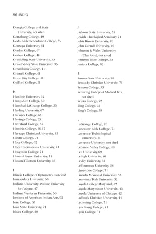 96 | index
Georgia	College	and	State		
University,	not	cited
Gettysburg	College,	49
God’s	Bible	School	and	College,	35
Gonzaga	University,	61
Gordon	College,	67
Goshen	College,	40
Grambling	State	University,	35
Grand	Valley	State	University,	35
Greensboro	College,	41
Grinnell	College,	61
Grove	City	College,	41
Guilford	College,	31
H
Hamline	University,	32
Hampshire	College,	59
Hannibal-LaGrange	College,	35
Harding	University,	67
Hartwick	College,	63
Hastings	College,	35
Haverford	College,	35
Hendrix	College,	36-37
Heritage	Christian	University,	45
Hiram	College,	71
Hope	College,	62
Hope	International	University,	71
Houghton	College,	71
Howard	Payne	University,	71
Huston-Tillotson	University,	35
i
Illinois	College	of	Optometry,	not	cited
Immaculata	University,	58
Indiana	University–Purdue	University		
Fort	Wayne,	47
Indiana	Wesleyan	University,	50
Institute	of	American	Indian	Arts,	62
Iona	College,	51
Iowa	State	University,	71
Ithaca	College,	28
J
Jackson	State	University,	55
Jewish	Theological	Seminary,	71
John	Brown	University,	70
John	Carroll	University,	40
Johnson		Wales	University		
(Charlotte),	not	cited
Johnson	Bible	College,	35
Juniata	College,	62
K
Kansas	State	University,	28
Kentucky	Christian	University,	71
Kenyon	College,	53
Kettering	College	of	Medical	Arts,		
not	cited
Keuka	College,	72
King	College,	35
King’s	College,	38
l
LaGrange	College,	70
Lancaster	Bible	College,	71
Lawrence	Technological		
University,	34
Lawrence	University,	not	cited
Lebanon	Valley	College,	49
Lee	University,	69
Lehigh	University,	61
Lesley	University,	32
LeTourneau	University,	38
Limestone	College,	71
Lincoln	Memorial	University,	33
Louisiana	Tech	University,	32
Loyola	College	Maryland,	52
Loyola	Marymount	University,	45
Loyola	University	of	Chicago,	42
Lubbock	Christian	University,	44
Lycoming	College,	71
Lynchburg	College,	71
Lyon	College,	71
 
