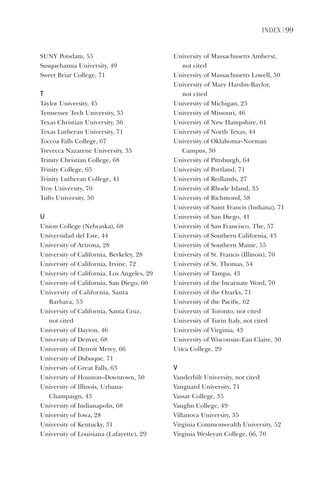 index | 99
SUNY	Potsdam,	55
Susquehanna	University,	49
Sweet	Briar	College,	71
t
Taylor	University,	45
Tennessee	Tech	University,	35
Texas	Christian	University,	36
Texas	Lutheran	University,	71
Toccoa	Falls	College,	67
Trevecca	Nazarene	University,	35
Trinity	Christian	College,	68
Trinity	College,	65
Trinity	Lutheran	College,	41
Troy	University,	70
Tufts	University,	50
u
Union	College	(Nebraska),	68
Universidad	del	Este,	44
University	of	Arizona,	28
University	of	California,	Berkeley,	28
University	of	California,	Irvine,	72
University	of	California,	Los	Angeles,	29
University	of	California,	San	Diego,	60
University	of	California,	Santa		
Barbara,	53
University	of	California,	Santa	Cruz,		
not	cited
University	of	Dayton,	46
University	of	Denver,	68
University	of	Detroit	Mercy,	66
University	of	Dubuque,	71
University	of	Great	Falls,	63
University	of	Houston–Downtown,	50
University	of	Illinois,	Urbana-	
Champaign,	43
University	of	Indianapolis,	68
University	of	Iowa,	28
University	of	Kentucky,	31
University	of	Louisiana	(Lafayette),	29
University	of	Massachusetts	Amherst,		
not	cited
University	of	Massachusetts	Lowell,	50
University	of	Mary	Hardin-Baylor,		
not	cited
University	of	Michigan,	25
University	of	Missouri,	46
University	of	New	Hampshire,	61
University	of	North	Texas,	44
University	of	Oklahoma–Norman		
Campus,	30
University	of	Pittsburgh,	64
University	of	Portland,	71
University	of	Redlands,	27
University	of	Rhode	Island,	35
University	of	Richmond,	58
University	of	Saint	Francis	(Indiana),	71
University	of	San	Diego,	41
University	of	San	Francisco,	The,	57
University	of	Southern	California,	43
University	of	Southern	Maine,	55
University	of	St.	Francis	(Illinois),	70
University	of	St.	Thomas,	54
University	of	Tampa,	43
University	of	the	Incarnate	Word,	70
University	of	the	Ozarks,	71
University	of	the	Pacific,	62
University	of	Toronto,	not	cited
University	of	Turin	Italy,	not	cited
University	of	Virginia,	43
University	of	Wisconsin–Eau	Claire,	30
Utica	College,	29
V
Vanderbilt	University,	not	cited
Vanguard	University,	71
Vassar	College,	35
Vaughn	College,	49
Villanova	University,	35
Virginia	Commonwealth	University,	52
Virginia	Wesleyan	College,	66,	70
 