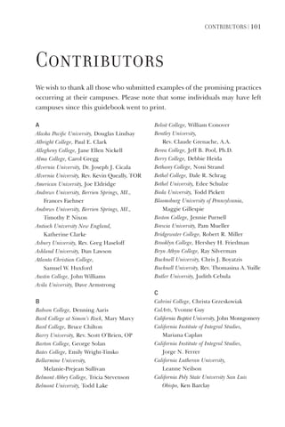 ContriButorS | 101
A
Alaska	Pacific	University,	Douglas	Lindsay
Albright	College,	Paul	E.	Clark
Allegheny	College,	Jane	Ellen	Nickell
Alma	College,	Carol	Gregg
Alvernia	University,	Dr.	Joseph	J.	Cicala
Alvernia	University,	Rev.	Kevin	Queally,	TOR
American	University,	Joe	Eldridge
Andrews	University,	Berrien	Springs,	MI.,	
Frances	Faehner
Andrews	University,	Berrien	Springs,	MI.,	
Timothy	P.	Nixon
Antioch	University	New	England,	
Katherine	Clarke
Asbury	University,	Rev.	Greg	Haseloff
Ashland	University,	Dan	Lawson
Atlanta	Christian	College,		
Samuel	W.	Huxford
Austin	College,	John	Williams
Avila	University,	Dave	Armstrong
B
Babson	College,	Denning	Aaris
Bard	College	at	Simon’s	Rock,	Mary	Marcy
Bard	College,	Bruce	Chilton
Barry	University,	Rev.	Scott	O’Brien,	OP
Barton	College,	George	Solan
Bates	College,	Emily	Wright-Timko
Bellarmine	University,		
Melanie-Prejean	Sullivan
Belmont	Abbey	College,	Tricia	Stevenson
Belmont	University,	Todd	Lake
Beloit	College,	William	Conover
Bentley	University,	
Rev.	Claude	Grenache,	A.A.
Berea	College,	Jeff	B.	Pool,	Ph.D.
Berry	College,	Debbie	Heida
Bethany	College,	Noni	Strand
Bethel	College,	Dale	R.	Schrag
Bethel	University,	Edee	Schulze
Biola	University,	Todd	Pickett
Bloomsburg	University	of	Pennsylvania,	
Maggie	Gillespie
Boston	College,	Jennie	Purnell
Brescia	University,	Pam	Mueller
Bridgewater	College,	Robert	R.	Miller
Brooklyn	College,	Hershey	H.	Friedman
Bryn	Athyn	College,	Ray	Silverman
Bucknell	University,	Chris	J.	Boyatzis
Bucknell	University,	Rev.	Thomasina	A.	Yuille
Butler	University,	Judith	Cebula
c
Cabrini	College,	Christa	Grzeskowiak
CalArts,	Yvonne	Guy
California	Baptist	University,	John	Montgomery
California	Institute	of	Integral	Studies,	
Mariana	Caplan
California	Institute	of	Integral	Studies,	
Jorge	N.	Ferrer
California	Lutheran	University,	
Leanne	Neilson
California	Poly	State	University	San	Luis	
Obispo,	Ken	Barclay
Contributors
We wish to thank all those who submitted examples of the promising practices
occurring at their campuses. Please note that some individuals may have left
campuses since this guidebook went to print.
 