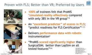 Proven with FLS; Better than VR; Preferred by Users 100%  of trainees felt that ProMIS  "simulated reality effectively  compared  with only 38% in the VR group"  8   An  “excellent predictor” of scores in FLS ;  “predict readiness for FLS Certification” 1 2 3 Delivers  performance data with robotic  instrumentation 4   “ ProMIS  scored significantly higher  than SurgicalSIM;  better than LapSim on all  tested features” 5 6  ProMISSAGES09 © Haptica 2009 Page  1  SAGES 2006 S064 Ritter et al 2  SAGES 2006 P237 McCluney MD, et al 3  SAGES 2007 P279 McCluney et al 4  SAGES 2006 S065 Vuong et al 5  SAGES 2006 P224 Fellinger, et al 6  World J Surg. 2007 Apr. Botden et al 7  SAGES 2007 S077 Lin et al JSLS(2008)12:219-226  