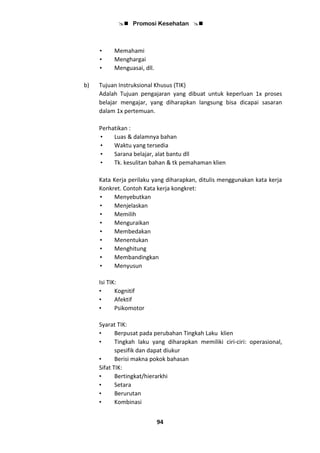  Promosi Kesehatan 
94
• Memahami
• Menghargai
• Menguasai, dll.
b) Tujuan Instruksional Khusus (TIK)
Adalah Tujuan pengajaran yang dibuat untuk keperluan 1x proses
belajar mengajar, yang diharapkan langsung bisa dicapai sasaran
dalam 1x pertemuan.
Perhatikan :
• Luas & dalamnya bahan
• Waktu yang tersedia
• Sarana belajar, alat bantu dll
• Tk. kesulitan bahan & tk pemahaman klien
Kata Kerja perilaku yang diharapkan, ditulis menggunakan kata kerja
Konkret. Contoh Kata kerja kongkret:
• Menyebutkan
• Menjelaskan
• Memilih
• Menguraikan
• Membedakan
• Menentukan
• Menghitung
• Membandingkan
• Menyusun
Isi TIK:
• Kognitif
• Afektif
• Psikomotor
Syarat TIK:
• Berpusat pada perubahan Tingkah Laku klien
• Tingkah laku yang diharapkan memiliki ciri-ciri: operasional,
spesifik dan dapat diukur
• Berisi makna pokok bahasan
Sifat TIK:
• Bertingkat/hierarkhi
• Setara
• Berurutan
• Kombinasi
 