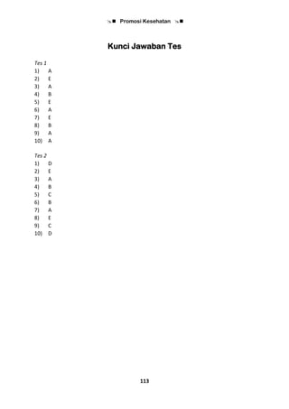  Promosi Kesehatan 
113
Kunci Jawaban Tes
Tes 1
1) A
2) E
3) A
4) B
5) E
6) A
7) E
8) B
9) A
10) A
Tes 2
1) D
2) E
3) A
4) B
5) C
6) B
7) A
8) E
9) C
10) D
 