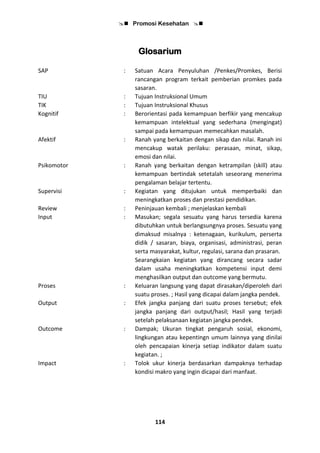  Promosi Kesehatan 
114
Glosarium
SAP : Satuan Acara Penyuluhan /Penkes/Promkes, Berisi
rancangan program terkait pemberian promkes pada
sasaran.
TIU : Tujuan Instruksional Umum
TIK
Kognitif
Afektif
Psikomotor
Supervisi
Review
Input
Proses
Output
Outcome
Impact
:
:
:
:
:
:
:
:
:
:
:
Tujuan Instruksional Khusus
Berorientasi pada kemampuan berfikir yang mencakup
kemampuan intelektual yang sederhana (mengingat)
sampai pada kemampuan memecahkan masalah.
Ranah yang berkaitan dengan sikap dan nilai. Ranah ini
mencakup watak perilaku: perasaan, minat, sikap,
emosi dan nilai.
Ranah yang berkaitan dengan ketrampilan (skill) atau
kemampuan bertindak setetalah seseorang menerima
pengalaman belajar tertentu.
Kegiatan yang ditujukan untuk memperbaiki dan
meningkatkan proses dan prestasi pendidikan.
Peninjauan kembali ; menjelaskan kembali
Masukan; segala sesuatu yang harus tersedia karena
dibutuhkan untuk berlangsungnya proses. Sesuatu yang
dimaksud misalnya : ketenagaan, kurikulum, perserta
didik / sasaran, biaya, organisasi, administrasi, peran
serta masyarakat, kultur, regulasi, sarana dan prasaran.
Searangkaian kegiatan yang dirancang secara sadar
dalam usaha meningkatkan kompetensi input demi
menghasilkan output dan outcome yang bermutu.
Keluaran langsung yang dapat dirasakan/diperoleh dari
suatu proses. ; Hasil yang dicapai dalam jangka pendek.
Efek jangka panjang dari suatu proses tersebut; efek
jangka panjang dari output/hasil; Hasil yang terjadi
setelah pelaksanaan kegiatan jangka pendek.
Dampak; Ukuran tingkat pengaruh sosial, ekonomi,
lingkungan atau kepentingn umum lainnya yang dinilai
oleh pencapaian kinerja setiap indikator dalam suatu
kegiatan. ;
Tolok ukur kinerja berdasarkan dampaknya terhadap
kondisi makro yang ingin dicapai dari manfaat.
 