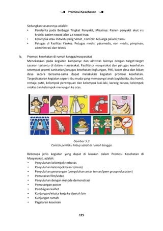  Promosi Kesehatan 
125
Sedangkan sasarannya adalah:
• Penderita pada Berbagai Tingkat Penyakit, Misalnya: Pasien penyakit akut v.s
kronis; pasien rawat jalan v.s rawat inap.
• Kelompok atau Individu yang Sehat , Contoh: Keluarga pasien; tamu
• Petugas di Fasilitas Yankes: Petugas medis, paramedis, non medis; pimpinan,
administrasi dan teknis
b. Promosi kesehatan di rumah tangga/masyarakat
Menekankan pada kegiatan kampanye dan aktivitas lainnya dengan target-target
sasaran tertentu di dalam masyarakat. Fasilitator masyarakat dan petugas kesehatan
setempat seperti sanitarian/petugas kesehatan lingkungan, PKK, kader desa dan bidan
desa secara bersama-sama dapat melakukan kegiatan promosi kesehatan.
Target/sasaran kegiatan seperti ibu muda yang mempunyai anak bayi/balita, ibu hamil,
remaja putri, kelompok perempuan dan kelompok laki-laki, karang taruna, kelompok
miskin dan kelompok menengah ke atas.
Gambar 5.3
Contoh perilaku hidup sehat di rumah tangga
Beberapa jenis kegiatan yang dapat di lakukan dalam Promosi Kesehatan di
Masyarakat, adalah:
• Penyuluhan kelompok terbatas
• Penyuluhan kelompok besar (masa)
• Penyuluhan perorangan (penyuluhan antar teman/peer group education)
• Pemutaran film/video
• Penyuluhan dengan metode demonstrasi
• Pemasangan poster
• Pembagian leaflet
• Kunjungan/wisata kerja ke daerah lain
• Kunjungan rumah
• Pagelaran kesenian
 