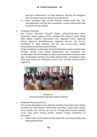  Promosi Kesehatan 
137
yang rajin melaksanakan 3 M yaitu Menguras, Menutup dan Mengubur
demi mencegah munculnya wabah demam berdarah).
3) dapat diupayakan agar mereka bersedia menjadi kader dan turut
menyebarluaskan informasi guna menciptakan suasana yang kondusif bagi
perubahan perilaku individu.
b. Pendekatan Kelompok
Bina Suasana Kelompok ditujukan kepada kelompok-kelompok dalam
masyarakat, seperti pengurus Rukun Tetangga (RT), pengurus Rukun Warga
(RW), Majelis Pengajian, Perkumpulan Seni, Organisasi Profesi, Organisasi
Wanita, Organisasi Siswa/Mahasiswa, Organisasi Pemuda, dan lain-lain.
Pendekatan ini dapat dilakukan oleh dan atau bersama-sama dengan
pemuka/tokoh masyarakat yang telah peduli.
Dengan pendekatan ini diharapkan kelompok-kelompok tersebut menjadi peduli
terhadap perilaku yang sedang diperkenalkan dan menyetujui atau
mendukungnya. Bentuk dukungan ini dapat berupa kelompok tersebut bersedia
juga mempraktikkan perilaku yang sedang diperkenalkan, mengadvokasi pihak-
pihak yang terkait dan melakukan kontrol sosial terhadap individu-individu
anggotanya.
Gambar 2.1.
Contoh pendekatan kelompok melalui sosialisasi
c. Pendekatan Masyarakat Umum
Bina Suasana Masyarakat Umum dilakukan terhadap masyarakat umum dengan
membina dan memanfaatkan media-media komunikasi, seperti radio, televisi,
koran, majalah, situs internet, dan lain-lain, sehingga dapat tercipta pendapat
umum yang positif tentang perilaku tersebut. Dengan pendekatan ini
diharapkan:
1) Media-media massa tersebut menjadi peduli dan mendukung perilaku yang
sedang diperkenalkan.
 