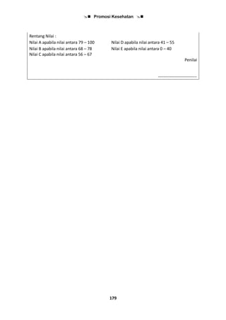  Promosi Kesehatan 
179
Rentang Nilai :
Nilai A apabila nilai antara 79 – 100 Nilai D apabila nilai antara 41 – 55
Nilai B apabila nilai antara 68 – 78 Nilai E apabila nilai antara 0 – 40
Nilai C apabila nilai antara 56 – 67
Penilai
----------------------------
 