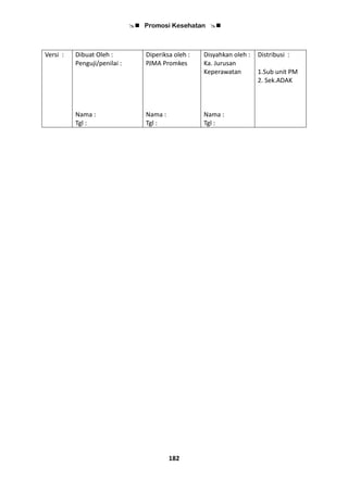  Promosi Kesehatan 
182
Versi : Dibuat Oleh :
Penguji/penilai :
Diperiksa oleh :
PJMA Promkes
Disyahkan oleh :
Ka. Jurusan
Keperawatan
Distribusi :
1.Sub unit PM
2. Sek.ADAK
Nama : Nama : Nama :
Tgl : Tgl : Tgl :
 