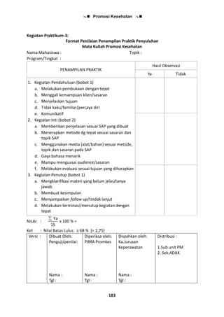  Promosi Kesehatan 
183
Kegiatan Praktikum-3:
Format Penilaian Penampilan Praktik Penyuluhan
Mata Kuliah Promosi Kesehatan
Nama Mahasiswa : Topik :
Program/Tingkat :
PENAMPILAN PRAKTIK
Hasil Observasi
Ya Tidak
1. Kegiatan Pendahuluan (bobot 1)
a. Melakukan pembukaan dengan tepat
b. Menggali kemampuan klien/sasaran
c. Menjelaskan tujuan
d. Tidak kaku/familiar/percaya diri
e. Komunikatif
2. Kegiatan Inti (bobot 2)
a. Memberikan penjelasan sesuai SAP yang dibuat
b. Menerapkan metode dg tepat sesuai sasaran dan
topik SAP
c. Menggunakan media (alat/bahan) sesuai metode,
topik dan sasaran pada SAP
d. Gaya bahasa menarik
e. Mampu menguasai audience/sasaran
f. Melakukan evaluasi sesuai tujuan yang diharapkan
3. Kegiatan Penutup (bobot 1)
a. Mengklarifikasi materi yang belum jelas/tanya
jawab
b. Membuat kesimpulan
c. Menyampaikan follow up/tindak lanjut
d. Melakukan terminasi/menutup kegiatan dengan
tepat
NILAI :
Ya
x 100 % =
15

Ket : Nilai Batas Lulus: ≥ 68 % (= 2,75)
Versi : Dibuat Oleh:
Penguji/penilai:
Diperiksa oleh:
PJMA Promkes
Disyahkan oleh:
Ka.Jurusan
Keperawatan
Distribusi :
1.Sub unit PM
2. Sek.ADAK
Nama : Nama : Nama :
Tgl : Tgl : Tgl :
 