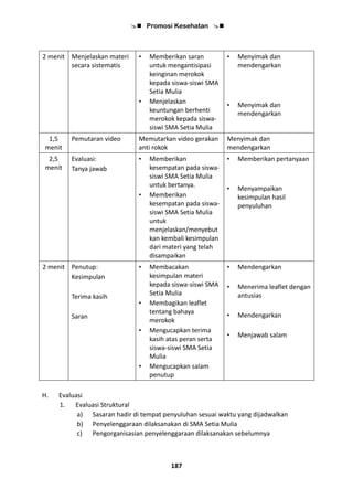  Promosi Kesehatan 
187
2 menit Menjelaskan materi
secara sistematis
• Memberikan saran
untuk mengantisipasi
keinginan merokok
kepada siswa-siswi SMA
Setia Mulia
• Menjelaskan
keuntungan berhenti
merokok kepada siswa-
siswi SMA Setia Mulia
• Menyimak dan
mendengarkan
• Menyimak dan
mendengarkan
1,5
menit
Pemutaran video Memutarkan video gerakan
anti rokok
Menyimak dan
mendengarkan
2,5
menit
Evaluasi:
Tanya jawab
• Memberikan
kesempatan pada siswa-
siswi SMA Setia Mulia
untuk bertanya.
• Memberikan
kesempatan pada siswa-
siswi SMA Setia Mulia
untuk
menjelaskan/menyebut
kan kembali kesimpulan
dari materi yang telah
disampaikan
• Memberikan pertanyaan
• Menyampaikan
kesimpulan hasil
penyuluhan
2 menit Penutup:
Kesimpulan
Terima kasih
Saran
• Membacakan
kesimpulan materi
kepada siswa-siswi SMA
Setia Mulia
• Membagikan leaflet
tentang bahaya
merokok
• Mengucapkan terima
kasih atas peran serta
siswa-siswi SMA Setia
Mulia
• Mengucapkan salam
penutup
• Mendengarkan
• Menerima leaflet dengan
antusias
• Mendengarkan
• Menjawab salam
H. Evaluasi
1. Evaluasi Struktural
a) Sasaran hadir di tempat penyuluhan sesuai waktu yang dijadwalkan
b) Penyelenggaraan dilaksanakan di SMA Setia Mulia
c) Pengorganisasian penyelenggaraan dilaksanakan sebelumnya
 