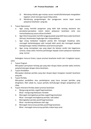  Promosi Kesehatan 
16
2) Menolong individu agar mampu secara mandiri/berkelompok mengadakan
kegiatan untuk mencapai tujuan hidup sehat.
3) Mendorong pengembangan dan penggunaan secara tepat sarana
pelayanan kesehatan yang ada.
2. Tujuan Operasional:
a. Agar orang memiliki pengertian yang lebih baik tentang eksistensi dan
perubahan-perubahan sistem dalam pelayanan kesehatan serta cara
memanfaatkannya secara efisien & efektif.
b. Agar klien/masyarakat memiliki tanggung jawab yang lebih besar pada kesehatan
(dirinya), keselamatan lingkungan dan masyarakatnya.
c. Agar orang melakukan langkah2 positip dlm mencegah terjadinya sakit,
mencegah berkembangnya sakit menjadi lebih parah dan mencegah keadaan
ketergantungan melalui rehabilitasi cacat karena penyakit.
d. Agar orang mempelajari apa yang dapat dia lakukan sendiri dan bagaimana
caranya, tanpa selalu meminta pertolongan kepada sistem pelayanan kesehatan
yang normal.
Sedangkan menurut Green, tujuan promosi kesehatan terdiri dari 3 tingkatan tujuan,
yaitu:
1. Tujuan Program
Merupakan pernyataan tentang apa yang akan dicapai dalam periode waktu tertentu
yang berhubungan dengan status kesehatan.
2. Tujuan Pendidikan
Merupakan deskripsi perilaku yang akan dicapai dapat mengatasi masalah kesehatan
yang ada.
3. Tujuan Perilaku
Merupakan pendidikan atau pembelajaran yang harus tercapai (perilaku yang
diinginkan). Oleh sebab itu, tujuan perilaku berhubungan dengan pengetahuan dan
sikap.
4. Tujuan Intervensi Perilaku dalam promosi kesehatan
a. Mengurangi perilaku negatif bagi kesehatan.
Misal : mengurangi kebiasaan merokok
b. Mencegah meningkatnya perilaku negatif bagi kesehatan
Misal : mencegah meningkatnya perilaku ‘seks bebas'
c. Meningkatkan perilaku positif bagi kesehatan
Misal : mendorong kebiasaan olah raga
d. Mencegah menurunnya perilaku positif bagi kesehatan
Misal : mencegah menurunnya perilaku makan kaya serat.
 
