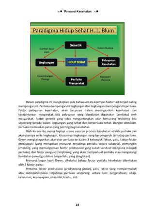  Promosi Kesehatan 
22
Dalam paradigma ini diungkapkan pula bahwa antara keempat faktor tadi terjadi saling
mempengaruhi. Perilaku mempengaruhi lingkungan dan lingkungan mempengaruhi perilaku.
Faktor pelayanan kesehatan, akan berperan dalam meningkatkan kesehatan dan
kesejahteraan masyarakat bila pelayanan yang disediakan digunakan (perilaku) oleh
masyarakat. Faktor genetik yang tidak menguntungkan akan berkurang resikonya bila
seseorang berada dalam lingkungan yang sehat dan berperilaku sehat. Dengan demikian,
perilaku memainkan peran yang penting bagi kesehatan.
Oleh karena itu, ruang lingkup utama sasaran promosi kesehatan adalah perilaku dan
akar-akarnya serta lingkungan, khususnya lingkungan yang berpengaruh terhadap perilaku.
Green mengkategorikan akar-akar perilaku ke dalam 3 kelompok faktor, yaitu faktor-faktor
predisposisi (yang merupakan prasyarat terjadinya perilaku secara sukarela), pemungkin
(enabling, yang memungkinkan faktor predisposisi yang sudah kondusif menjelma menjadi
perilaku), dan faktor penguat (reinforcing, yang akan memperkuat perilaku atau mengurangi
hambatan psikologis dalam berperilaku yang diinginkan).
Menurut bagan teori Green, diketahui bahwa factor perilaku kesehatan ditentukan
oleh 3 faktor, yaitu :
Pertama, faktor predisposisi (predisposing factor), yaitu faktor yang mempermudah
atau mempredisposisi terjadinya perilaku seseorang, antara lain: pengetahuan, sikap,
keyakinan, kepercayaan, nilai-nilai, tradisi, dsb.
 