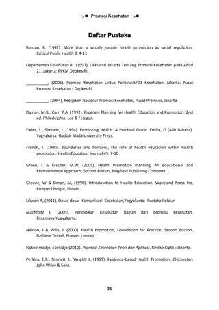  Promosi Kesehatan 
35
Daftar Pustaka
Bunton, R. (1992). More than a woolly jumper health promotion as social regulation.
Critical Public Health 3: 4-11
Departemen Kesehatan RI. (1997). Deklarasi Jakarta Tentang Promosi Kesehatan pada Abad
21. Jakarta: PPKM Depkes RI.
__________, (2006). Promosi Kesehatan Untuk Politeknik/D3 Kesehatan. Jakarta: Pusat
Promosi Kesehatan - Depkes RI.
__________, (2004), Kebijakan Nasional Promosi Kesehatan, Pusat Promkes, Jakarta
Dignan, M.B., Carr, P.A. (1992). Program Planning for Health Education and Promotion. 2nd
ed. Philadelphia: Lea & Febiger.
Ewles, L., Simnett, I. (1994). Promoting Health: A Practical Guide. Emilia, O (Alih Bahasa).
Yogyakarta: Gadjah Mada University Press.
French, J. (1990). Boundaries and horizons, the role of health education within health
promotion. Health Education Journal 49: 7-10
Green, L & Kreuter, M.W, (2005). Health Promotion Planning, An Educational and
Environmental Approach, Second Edition, Mayfield Publishing Company.
Greene, W & Simon, M, (1990). Introdusction to Health Education, Waveland Press Inc,
Prospect Height, Illinois.
Liliweri A, (2011), Dasar-dasar Komunikasi Kesehatan,Yogyakarta: Pustaka Pelajar
Machfodz I, (2005), Pendidikan Kesehatan bagian dari promosi kesehatan,
Fitramaya,Yogyakarta.
Naidoo, J & Wills, J, (2000). Health Promotion, Foundation for Practice, Second Edition,
Bailliere Tindall, Elsevier Limited.
Notoatmodjo, Soekidjo.(2010). Promosi Kesehatan Teori dan Aplikasi. Rineka Cipta : Jakarta.
Perkins, E.R., Simnett, I., Wright, L. (1999). Evidence-based Health Promotion. Chichester:
John Wiley & Sons.
 