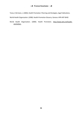  Promosi Kesehatan 
36
Tones, K & Green, J, (2004), Health Promotion: Planning and Strategies, Sage Publications.
World Health Organization. (1998). Health Promotion Glosarry. Geneva: HPR-HEP WHO
World Health Organization. (2000). Health Promotion. http://www.who.int/health-
promotion.
 