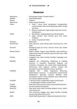  Promosi Kesehatan 
59
Glosarium
Absentisme : berhubungan dengan “ketidak-hadiran”
Aplikatif : Dapat Dilaksanakan
Captice
Determinan
Efisien
Efektif
Eksistensi
Karakteristik
Normatif
Ottawa Charter
Perilaku
PRECEDE
PROCEDE
Produktif
Proaktif
Psikologis
Resistensi
Reaktif
:
:
:
:
:
:
:
:
:
:
:
:
:
:
:
:
Tawanan
Faktor yang menentukan
1. Tepat / sesuai untuk mengerjakan (menghasilkan)
sesuatu dengan tidak membuang-buang waktu, tenaga
dan biaya
2. Mampu menjalankan tugas dengan tepat dan cermat ;
berdaya guna
1. Ada efeknya , akibat/pengaruhnya (utk kesehatan)
2. Dapat memberi hasil; berhasil guna (utk usaha,
tindakan)
3. manjur / mujarab (utk obat)
Keberadaan
Sifat yang khas, yang melekat pada seseorang atau suatu
objek.
Berpegang teguh pd norma; menurut norma atau kaidah
yang berlaku
Piagam Ottawa, Piagam yang dihasilkan pada Konferensi
Internasional Promosi Kesehatan pertama pata tahun 1986
di Ottawa, Kanada
Tanggapan atau reaksi individu terhadap rangsangan atau
lingkungan
Singkatan dari Predisposing, Reinforcing & Enabling
Construct in Ecosystem Educational Diagnosis and
Evaluation, merupakan satu model dalam pengembangan
perencanaan (fase diagnosis, prioritas masalah dan
penetapan tujuan) dari kegiatan promosi kesehatan.
Singkatan dari Policy, Regulatory/ Resourcing,
Organizational Construct in Educational Environmental
Develepment, digunakan bersama PRECEDE untuk
menetapkan sasaran, kriteria kebijakan serta implementasi
dan evaluasi kegiatan promkes
1. Bersifat mampu menghasilkan (dalam jumlah besar)
2. mendatangkan manfaat; memberi hasil
Lebih aktif untuk mencari sesuatu yang menjadi kebutuhan
Sesuatu yang bersifat Kejiwaan
Daya tahan alami tubuh terhadap pengaruh buruk, seperti
racun dan kuman
sifat cenderung, tanggap, atau segera bereaksi terhadap
sesuatu yang timbul atau muncul
WHO : World Health Organization = Organisasi Kesehatan Se-Duni
 