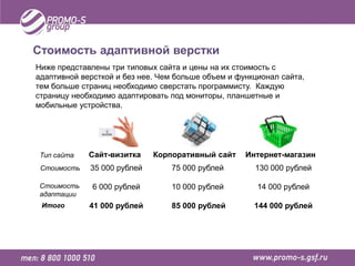 Стоимость адаптивной верстки
Ниже представлены три типовых сайта и цены на их стоимость с
адаптивной версткой и без нее. Чем больше объем и функционал сайта,
тем больше страниц необходимо сверстать программисту. Каждую
страницу необходимо адаптировать под мониторы, планшетные и
мобильные устройства.




 Тип сайта   Сайт-визитка    Корпоративный сайт     Интернет-магазин
 Стоимость   35 000 рублей       75 000 рублей        130 000 рублей

 Стоимость    6 000 рублей       10 000 рублей         14 000 рублей
 адаптации
 Итого       41 000 рублей       85 000 рублей        144 000 рублей
 