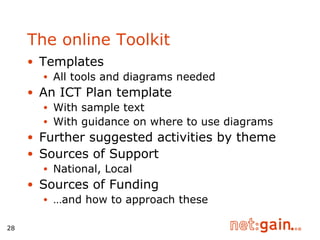 The online Toolkit Templates All tools and diagrams needed  An ICT Plan template With sample text With guidance on where to use diagrams Further suggested activities by theme Sources of Support National, Local Sources of Funding … and how to approach these 