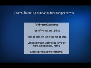 Os resultados da campanha foram expressivos:


                Tab Dream Experience

              +18 mil visitas em 15 dias

        Todos os Tabs Tim vendidos nos 15 dias.

         Conceito Dream Experience torna-se
             mandatório pelo HQ Korea.

           Cliente premiado internamente.
 