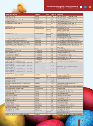 За подробна информация относно промоциите,
                                                                                             моля обърнете се към вашия дилър




ЛЕКАРСТВЕН ПРОДУКТ                                        ПРОИЗВ.           КОЛ.      ЦЕНА ТЕ   ПРОМОЦИЯ
ТУЛИП тбл. 10 мг. х 30                                    SANDOZ            3         7,46      1 оп. ТУЛИП тбл.10 мг. х 30. Важи само с талон!
ТУЛИП тбл. 20 мг. х 30                                    SANDOZ            3         14,84     1 оп. ТУЛИП тбл.20 мг. х 30. Важи само с талон!
ЦЕТИРИЗИН ХЕКСАЛ сир.10 мг/ 10 мл. 75 мл.                 SANDOZ            5         4,74      1 оп. ЦЕТИРИЗИН ХЕКСАЛ сир.10 мг/ 10 мл. 75 мл.
БАТРАФЕН лак за нокти 3 г.                                SANOFI-AVENTIS    5         22,26     1 оп. БАТРАФЕН лак за нокти 3 г.
ЕСЕНЦИАЛЕ ФОРТЕ N капс. 300 мг. x 30                      SANOFI-AVENTIS    8         9,13      1 оп. ЕСЕНЦИАЛЕ ФОРТЕ N капс. 300 мг. x 30
                                                                            12                  2 оп. ЕСЕНЦИАЛЕ ФОРТЕ N капс. 300 мг. x 30
НО-ШПА тбл. 40 мг. х 20                                   SANOFI-AVENTIS    47        3,10      3 оп. НО-ШПА тбл. 40 мг. х 20
КЛАРИТИН сир. 120 мл.                                     SCHERING-PLOUGH   10        13,15     1 оп. КЛАРИТИН сир. 120 мл.
                                                                            20                  4 оп. КЛАРИТИН сир. 120 мл.
                                                                            40                  10 оп. КЛАРИТИН сир. 120 мл.
КЛАРИТИН тбл. 10 мг. х 10                                 SCHERING-PLOUGH   10        8,59      1 оп. КЛАРИТИН тбл.10 мг. х 10
                                                                            20                  4 оп. КЛАРИТИН тбл.10 мг. х 10
                                                                            40                  10 оп. КЛАРИТИН тбл.10 мг. х 10
СЕБАМЕД-СЛЪНЦЕПРЕДП.ЛОСИОН SPF30 150 мл.                  SEBAPHARMA        3         18,82     1 оп. СЕБАМЕД-СЛЪНЦЕПРЕДП.КРЕМ SPF30 75 мл.
СЕБАМЕД-СЛЪНЦЕПРЕДП.ЛОСИОН SPF50 150 мл.                  SEBAPHARMA        3         19,87     1 оп. СЕБАМЕД-СЛЪНЦЕПРЕДП.КРЕМ SPF50+ 75 мл.
СЕБАМЕД-БЕБЕ СЛЪНЦЕПРЕДП.ЛОСИОН SPF50 200 мл.             SEBAPHARMA        3         25,28     1 оп. СЕБАМЕД-БЕБЕ СЛЪНЦЕПРЕДП.КРЕМ SPF50 75 мл.
СЕБАМЕД-БЕБЕ СЛЪНЦЕПРЕДП.ЛОСИОН SPF50+ 200 мл.            SEBAPHARMA        3         35,58     1 оп. СЕБАМЕД-БЕБЕ СЛЪНЦЕПРЕДП.КРЕМ SPF50+ 75 мл.
ФЛОРАЖИН-ЗА ВАГИНАЛНА ПРОМИВКА ДУШ+вътр. канюла 140 мл.   SO.SE.PHARM       4         6,94      1 оп. ФЛОРАЖИН-ЗА ВАГИНАЛНА ПРОМИВКА ДУШ + вътр.
                                                                                                канюла 140 мл.
ГРИПОСТАД прахче х 5                                      STADA             5         2,89      1 оп. ГРИПОСТАД прахче х 5
ВЕРДИН тбл.468 мг. х 24 /черен дроб/                      US PHARMACIA      7         7,75      1 оп. ВЕРДИН тбл. 468 мг. х 24 /черен дроб/
ВИГОР JUNIOR тбл. х 30                                    US PHARMACIA      1         10,80     1 оп. ВИГОР JUNIOR тбл. х 30
ИБУПРОМ МАКС тбл.400 мг. х12                              US PHARMACIA      10        5,09      1 оп. ИБУПРОМ МАКС тбл. 400 мг. х 12
ИБУПРОМ СИНУС тбл. 200/30 мг. х12                         US PHARMACIA      10        4,34      1 оп. ИБУПРОМ СИНУС тбл. 200/ 30 мг. х 12
ИБУПРОМ тбл.200мг.х10                                     US PHARMACIA      10        3,41      1 оп. ИБУПРОМ тбл. 200 мг. х 10
СТОПЕРАН капс.2мг.х8                                      US PHARMACIA      7         3,41      1 оп. СТОПЕРАН капс. 2 мг. х 8
ХЕРБИТУСИНЕК ГЪРЛО ЗА ДЕЦА пастили х 6                    US PHARMACIA      7         2,46      1 оп. ХЕРБИТУСИНЕК ГЪРЛО ЗА ДЕЦА пастили х6
ВИШИ НЕСЕСЕР AQUALIA THERMAL LIGHT 40 мл+AERA TEINT       VICHY                       42,62
ФЛУИД 23+ПОДАРЪК
ВИШИ НЕСЕСЕР AQUALIA THERMAL LIGHT 40 мл+AERA TEINT                                   42,62
ФЛУИД 35 + ПОДАРЪК                                                                              при закупуване на 5 оп в произволна комбинация
                                                                                                бонус 1 оп. по избор
ВИШИ НЕСЕСЕР AQUALIA THERMAL RICH 40 мл + AERA TEINT                                  42,62
КРЕМ 23 + ПОДАРЪК
ВИШИ НЕСЕСЕР AQUALIA THERMAL RICH 40 мл + AERA TEINT                                  42,62
КРЕМ 35+ПОДАРЪК
Слънцезащитни серии SOLEIL и ANTHELIOS                    VICHY&LRP         35                  35 продукта по избор - 7% ТО
                                                                            120                 120 продукта по избор - 12% ТО
ВАРИКСИНАЛ гел 75 мл. +                                   WALMARK           1+        11,40     1 оп. ВАРИКСИНАЛ гел 75 мл.
ВАРИКСИНАЛ тбл. х 30 +                                                      1+        13,20
ВАРИКСИНАЛ тбл. х 60                                                        1         22,80
КОЕНЗИМ Q10 ВЕЗИСОРБ капс. 30 мг. х 30 ПРОМО ЦЕНА         WALMARK           3         16,66     1 оп. КОЕНЗИМ Q10 ВЕЗИСОРБ капс. 30 мг. х 30
WALMARK                                                                                         ПРОМО ЦЕНА WALMARK
ОМЕГА 3-6-9 капс. 500 мг. х30 ПРОМО ЦЕНА WALMARK          WALMARK           3         5,03      1 оп. ОМЕГА 3-6-9 капс. 500 мг.х 30 ПРОМО ЦЕНА WALMARK
НЪРС ХАРВИ сироп 145 мл. /против колики/                  WILLIAM RANSOM    1         13,86     20% доп. oтстъпка
АГАПУРИН SR тбл. 400 мг. х 20                             ZENTIVA           6         4,42      1 оп. АГАПУРИН SR тбл. 400 мг. х 20
ВАЛЗАП H тбл.160 мг/ 12.5 мг.х 28                         ZENTIVA           5         12,90     1 оп. ВАЛЗАП H тбл.160мг/12.5мг.х28
ЗЕНАРО тбл. 5 мг. х 7                                     ZENTIVA           6         3,66      1 оп. ЗЕНАРО тбл. 5 мг. х 7
КОКСТРАЛ тбл. 100 мг. х 10                                ZENTIVA           7         1,87      1 оп. КОКСТРАЛ тбл. 100 мг. х 10
МИКОМАКС капс.150 мг. х 1                                 ZENTIVA           7         4,86      1 оп. МИКОМАКС капс.150 мг. х 1
МИКОМАКС капс.150 мг. х 3                                 ZENTIVA           7         12,44     1 оп. МИКОМАКС капс. 150 мг. х 3
ХЕЛИЦИД капс.20 мг. х 14                                  ZENTIVA           7         3,91      1 оп. ХЕЛИЦИД капс. 20 мг. х 14
ХЕПАРОИД унг. 30 г.                                       ZENTIVA           12        6,78      1 оп. ХЕПАРОИД унг.30 г.
КОКСАМИН + ВИТ.D тбл. х 60                                ХЕРБА МЕДИКА      2         17,82     1 оп. КОКСАМИН KINDER сашети 2 г. х 20
СЪНИ ВИТ тбл.10 мкг. х 50 /Vit.D3/                        ХЕРБА МЕДИКА      2         4,60      1 оп. СЪНИ ВИТ тбл.10 мкг. х 50 /Vit. D3/
ЛИПОРЕДУКТ ПЛЮС капс. х 60                                ВИТА ХЕРБ         1         15,84     1 оп. ЛИПОРЕДУКТ ПЛЮС капс. х 60
АЛЕРГОДИЛ наз. спр. 0.1% 10 мл.                           ЕКОФАРМ           2         11,82     1 оп. РОЛЕТРА тбл. 10 мг.х10
ЕН ТИ ТУС сироп 100 мл.                                   ЕКОФАРМ ГРУП      7         5,75      1 оп. ЕН ТИ ТУС сироп 100 мл.
                                                                            20                  3 оп. ЕН ТИ ТУС сироп 100 мл.
КОМФОРТЕКС капс. 200 мг. х 30 /стомашно-чревни смущ./     ЕКОФАРМ           10        4,15      3 оп. КОМФОРТЕКС капс.200мг.х 30 /стомашно-чревни смущ./




                                                                                                                                                   19
 