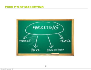 FOUR P’S OF MARKETING




                                4
Monday, 20 February, 12
 
