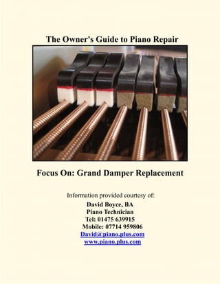 The Owner's Guide to Piano Repair




Focus On: Grand Damper Replacement

       Information provided courtesy of:
              David Boyce, BA
              Piano Technician
             Tel: 01475 639915
            Mobile: 07714 959806
            David@piano.plus.com
             www.piano.plus.com
 
