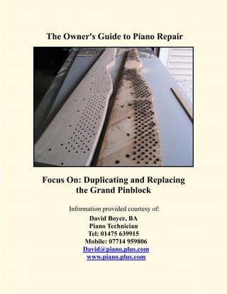 The Owner's Guide to Piano Repair




Focus On: Duplicating and Replacing
       the Grand Pinblock

      Information provided courtesy of:
             David Boyce, BA
             Piano Technician
            Tel: 01475 639915
           Mobile: 07714 959806
           David@piano.plus.com
            www.piano.plus.com
 