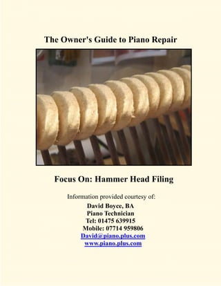 The Owner's Guide to Piano Repair




  Focus On: Hammer Head Filing
     Information provided courtesy of:
            David Boyce, BA
            Piano Technician
           Tel: 01475 639915
          Mobile: 07714 959806
          David@piano.plus.com
           www.piano.plus.com
 