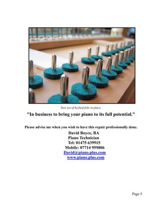 New set of keybed felts in place.

 "In business to bring your piano to its full potential."

Please advise me when you wish to have this repair professionally done.
                          David Boyce, BA
                          Piano Technician
                          Tel: 01475 639915
                        Mobile: 07714 959806
                        David@piano.plus.com
                         www.piano.plus.com




                                                                   Page 5
 