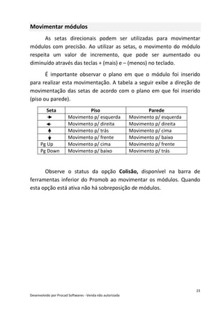 23
Desenvolvido por Procad Softwares - Venda não autorizada
Movimentar módulos
As setas direcionais podem ser utilizadas para movimentar
módulos com precisão. Ao utilizar as setas, o movimento do módulo
respeita um valor de incremento, que pode ser aumentado ou
diminuído através das teclas + (mais) e – (menos) no teclado.
É importante observar o plano em que o módulo foi inserido
para realizar esta movimentação. A tabela a seguir exibe a direção de
movimentação das setas de acordo com o plano em que foi inserido
(piso ou parede).
Seta Piso Parede
Movimento p/ esquerda Movimento p/ esquerda
Movimento p/ direita Movimento p/ direita
Movimento p/ trás Movimento p/ cima
Movimento p/ frente Movimento p/ baixo
Pg Up Movimento p/ cima Movimento p/ frente
Pg Down Movimento p/ baixo Movimento p/ trás
Observe o status da opção Colisão, disponível na barra de
ferramentas inferior do Promob ao movimentar os módulos. Quando
esta opção está ativa não há sobreposição de módulos.
 