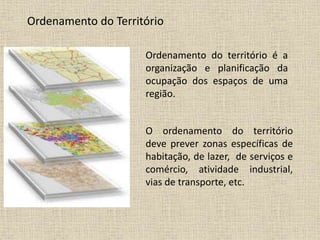 Ordenamento do Território
Ordenamento do território é a
organização e planificação da
ocupação dos espaços de uma
região.
O ordenamento do território
deve prever zonas específicas de
habitação, de lazer, de serviços e
comércio, atividade industrial,
vias de transporte, etc.
 