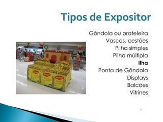 Tipos de Expositor
     Gôndola ou prateleira
         Vascas, cestões
             Pilha simples
            Pilha múltipla
                       Ilha
       Ponta de Gôndola
                  Displays
                  Balcões
                   Vitrines


                        ◦
 
