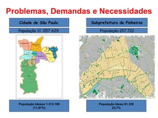 Cidade de São Paulo Subprefeitura de Pinheiros
População 257.722
População Idoso 61.335
23,7%
População 11 .057 629
População Idosos 1.313.109
(11,87%)
Problemas, Demandas e Necessidades
 